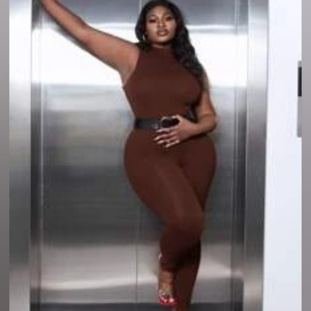 SHEIN- New Chocolate-Brown mockneck skinny-leg  jumpsuit, avail limited time*
